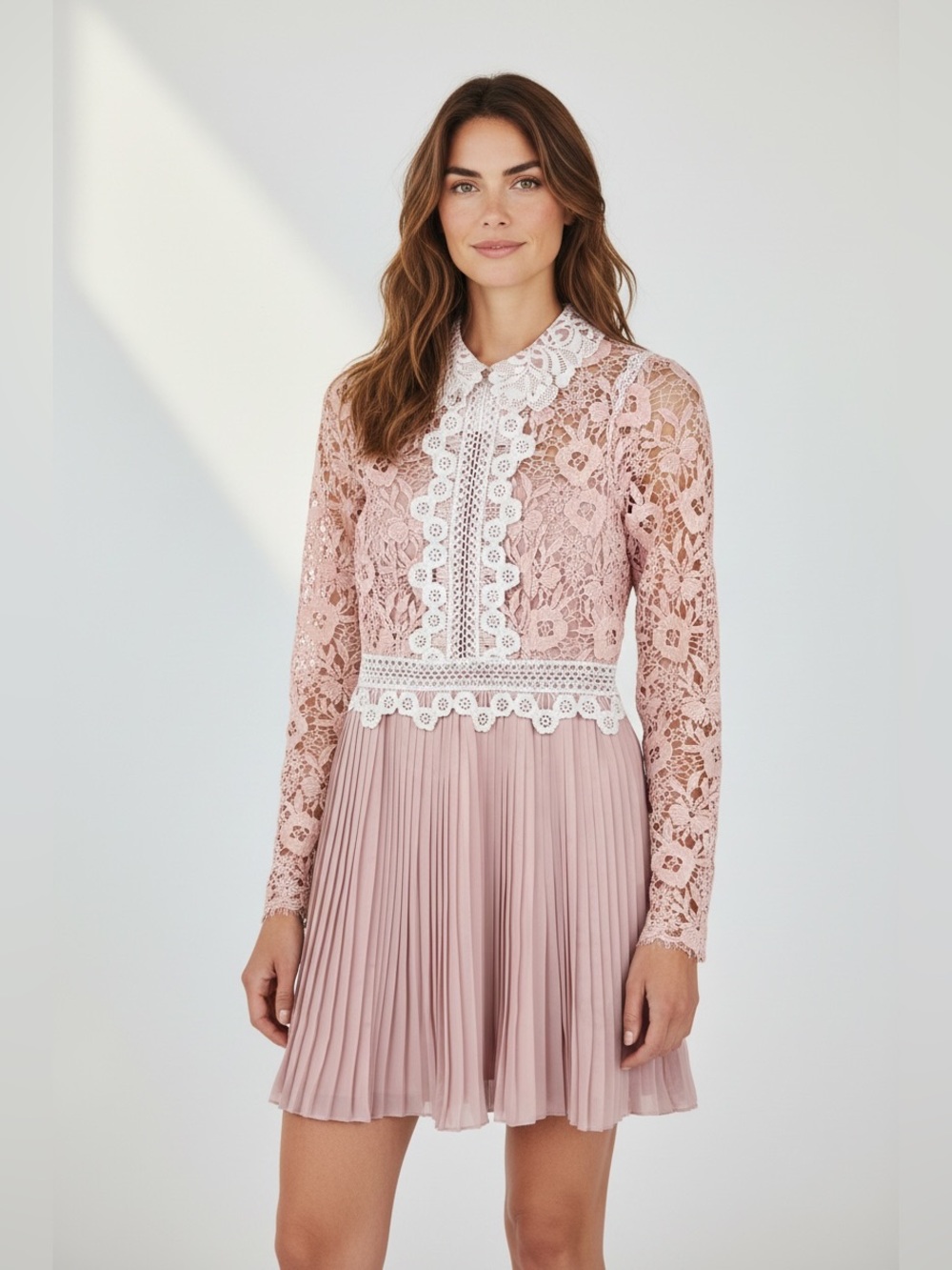 Asos Design Lace Pleated Pink Blush Rose Mini Dress Size 6 NWT